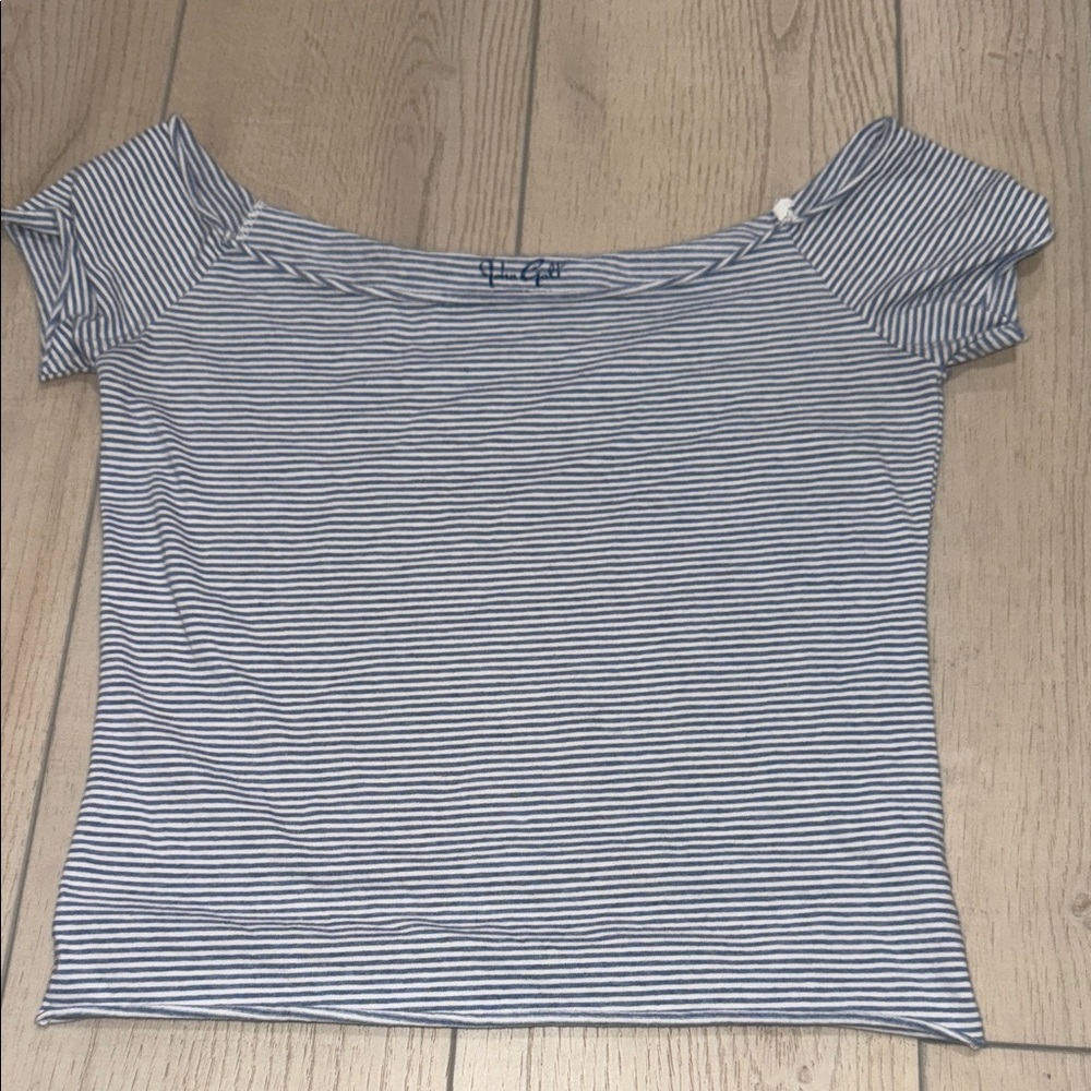 Brandy Melville Blue and White Striped Off-Shoulder Crop Top
